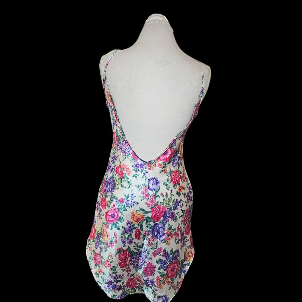 90s Satin White Floral Mini Slip Dress Pink Purple Size S Small Low Back Short - Picture 9 of 11